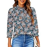 SimpleFun Womens Blouses 3/4 Sleeve Ruffle Neck Printed Business Casual Tops Flowy Dressy Work Shirts