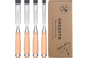 GREBSTK Wood Chisel Set for Woodworking, 4pcs Chrome Vanadium Steel Bevel-Edge Bench Chisels with Cap