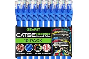 GearIT 10-Pack, Cat5e Ethernet Patch Cable 10 Feet - Snagless RJ45 Computer LAN Network Cord, Blue - Compatible with 10 Port 
