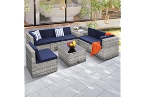 KROFEM 8 Pieces Outdoor Wicker Rattan Patio Furniture Sectional Set, Glass Top Table with Hidden Storage, 7 Sofa Sections, Oversized Cushions, Grey Color Rattan with Blue Cushion