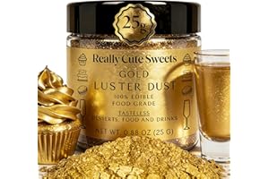 Really Cute Sweets Edible Gold Color Luster Dust bulk (25g) – Fine Shiny Powder, Dust for Cake Decorating, Baking, Shimmer Food Coloring, Edible Gold Sprinkles, Luster Dust, Candy, Fondant, Icing, Chocolate, Dessert Toppers, Bling Decoration for Drinks and Sweets big container
