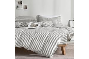 JELLYMONI 100% Natural Cotton 3pcs Striped Duvet Cover Sets,White Duvet Cover with Grey Stripes Pattern Printed Comforter Cov