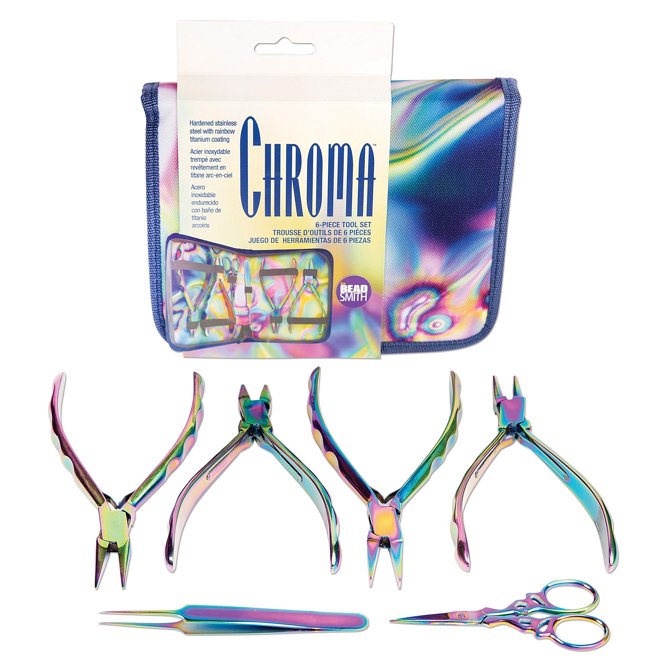 The Beadsmith 6-Piece Chroma Set - Jewelry-Making Tools Kit, Rainbow Titanium Finish, Includes 4 Pliers w/Tweezers and Scissors, Matching Case Included