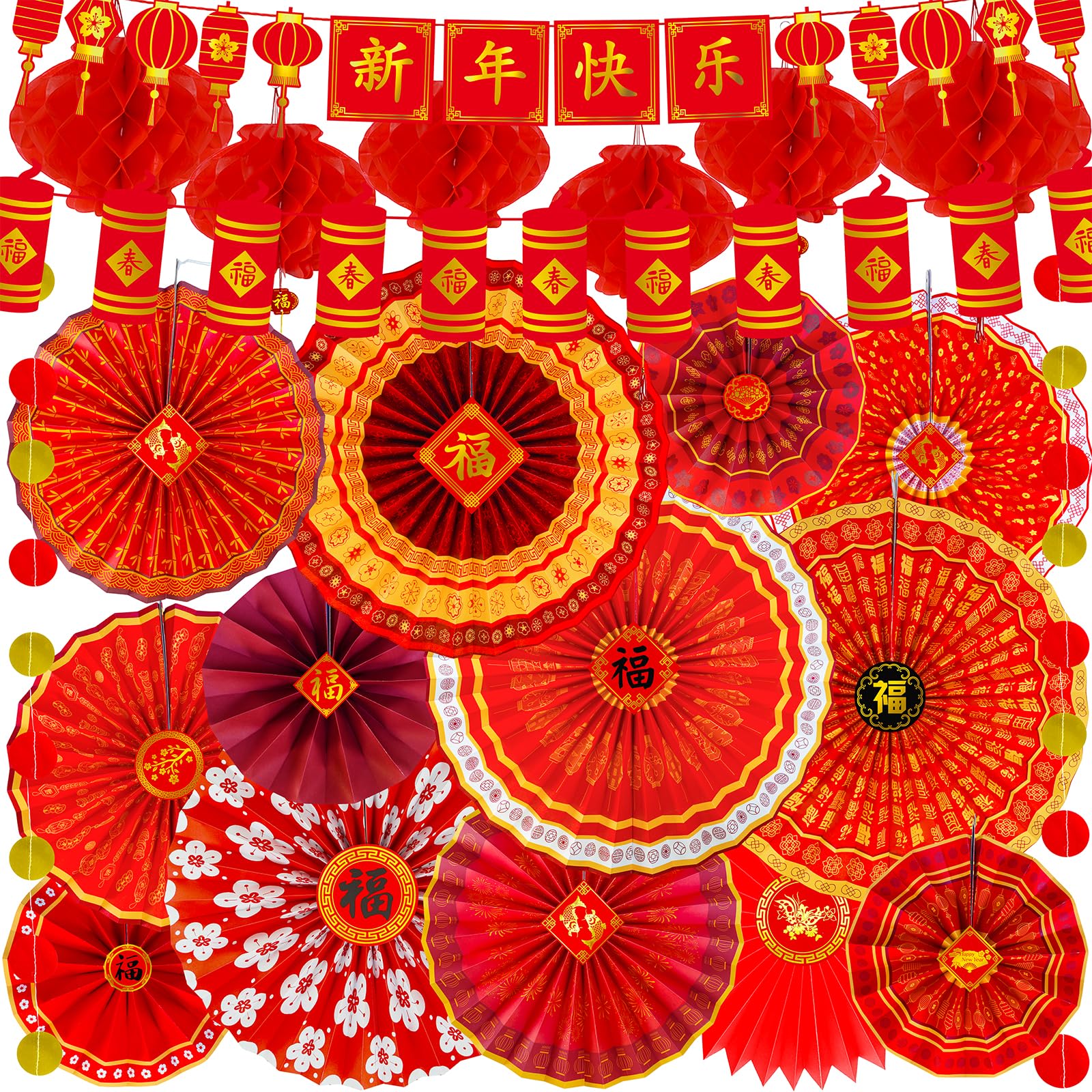 Photo 1 of Winlyn 22 Pcs Bulk Chinese Lunar New Year Party Decorations Red Lanterns Oriental Hanging Good Luck Paper Fans New Year Banner for Asian Vietnamese TET The Year of Horse Festival Wedding 2026 Decor