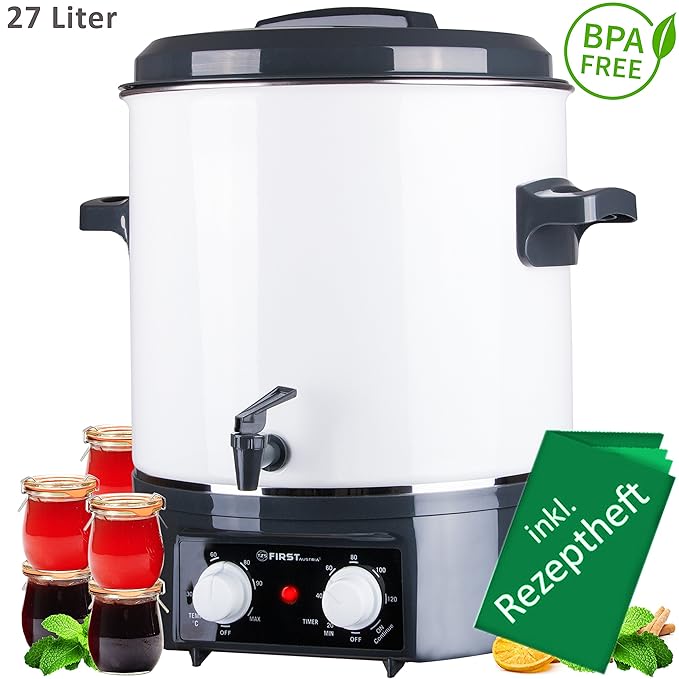 TZS First Austria - 27 Liter emaillierter Einkochautomat mit Timer | 1800 Watt | Temperatur von 30-100°C | Zeituhr bis 120 Mi
