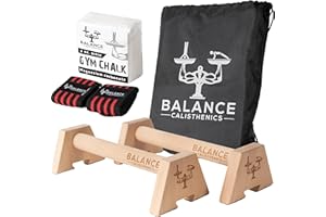 BALANCE CALISTHENICS Wooden Parallettes Push Up Bars Bundle With Bag, Gym Chalk , Wristwraps, Paralettes, Strap | Dip Bar Handles 2pcs Paralette Handstand Non-Slip Base Exercise Handle For Floor Home Workout Equipment Parallel Handstand Dips Ergonomical Perfect Pushup