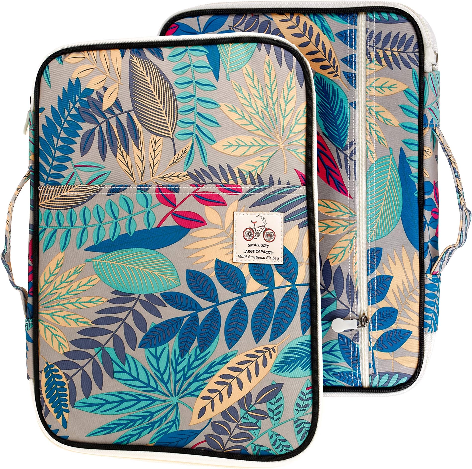 Lazyaunti Zipper Portfolio Organizer A4 Note Pouch-Waterproof Document Bags/Zipper Binder/Paper Case for 12.5" Mac,Tablet,Pens,washi Tape,Journals,Sketch Books(Grey Blue Leaf)