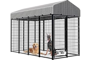 Kicari Large Dog Kennel Outside with Roof, Heavy-Duty Indoor Outdoor Dog Run Dog Enclosure with Removable Cover, Dog Pens Outside Playpen with Latch-Lock & Swivel Feeding Door, 4x8x6 Ft