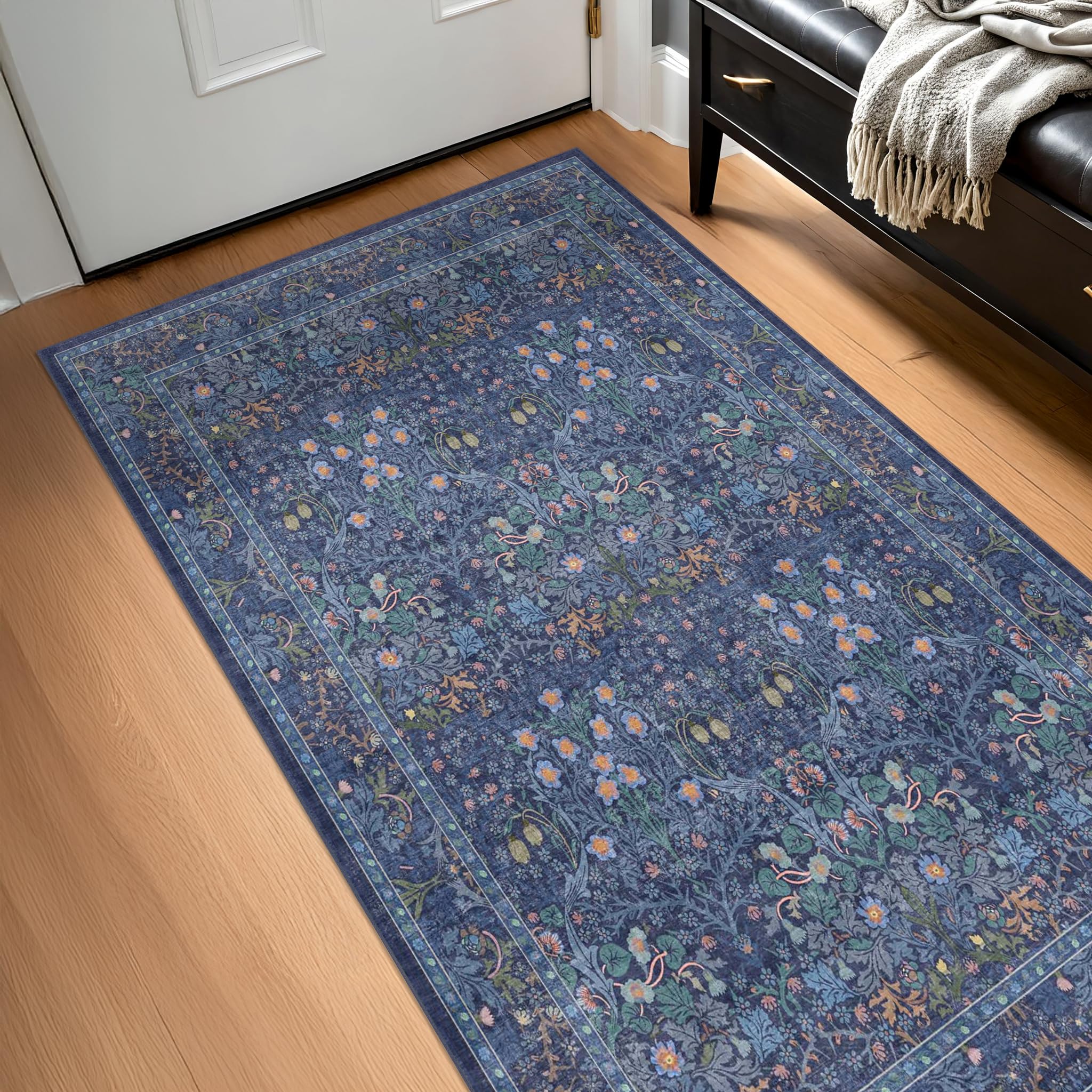 Photo 1 of Vintage Dark Blue 3x5 Area Rugs for Entryway, Bedroom Beside Rug, Kitchen, Laundry Room, Non-Slip Low Pile Ultra Soft Stain Resistant Small Floral Carpet - Boho Plant Dusky Navy Decor