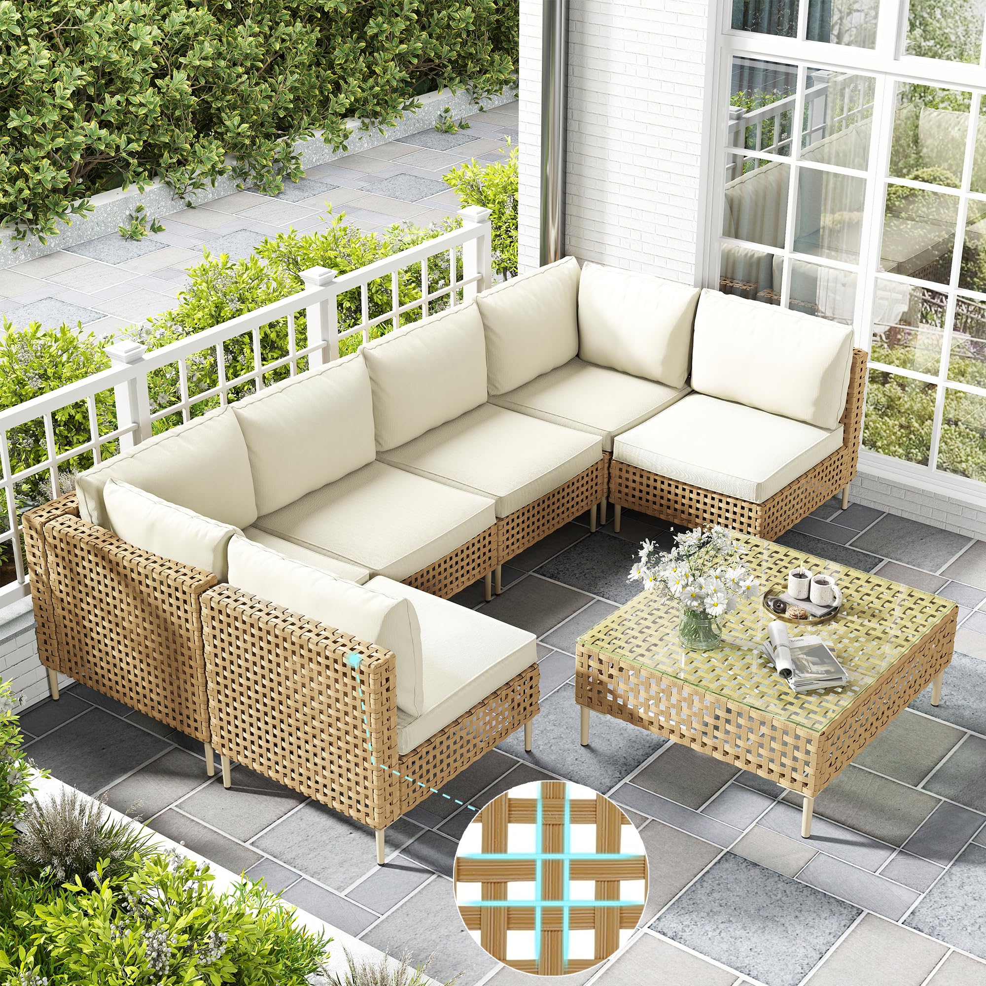 Photo 1 of ***PARTIAL SET (BOX B) - PRICE ADJUSTED***
LHBcraft Patio Furniture Set, Large 7 Piece Wicker Outdoor Sectional Furniture Set with Coffee Table, Patio Conversation Sets Sofa, Hand Knitting, All-Weather Cushions for Backyard, Porch, Beige
