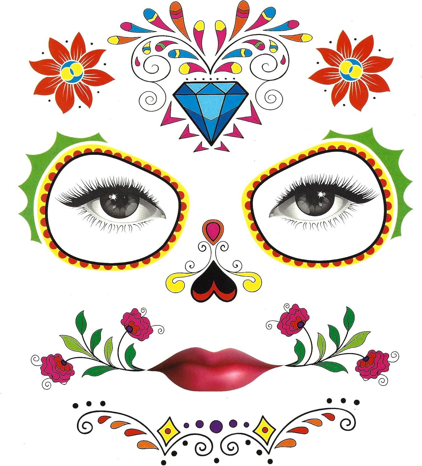 Robelli Day of the Dead Temporary Halloween Eye & Face Tattoos - Pack of 6, Random - Image 3