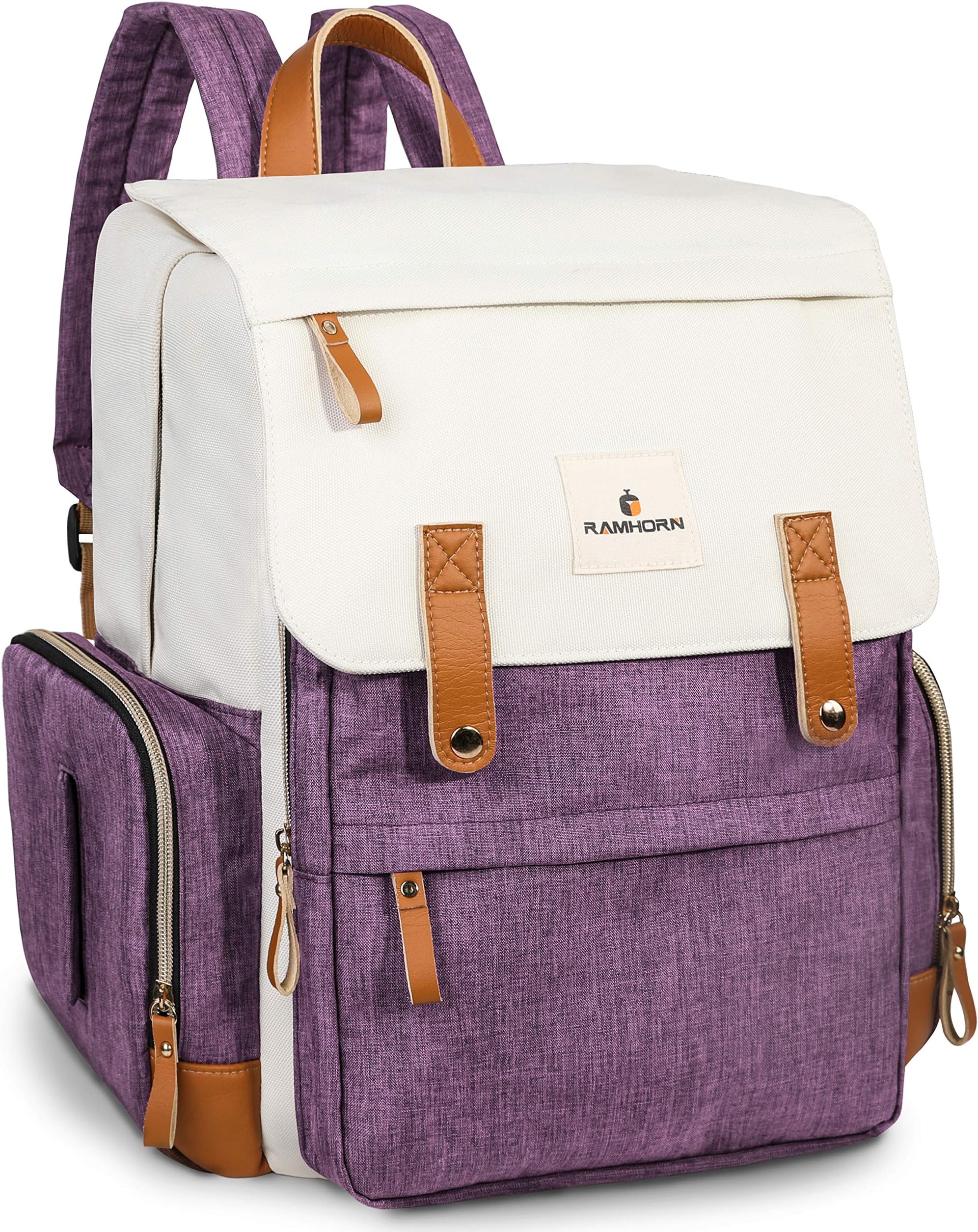 Diaper Bag, Multi-Function Travel Diaper Backpack Baby Maternity Nappy Changing Bag with Insulated Pocket, Durable Stylish and Waterproof, Brown&White by Ramhorn