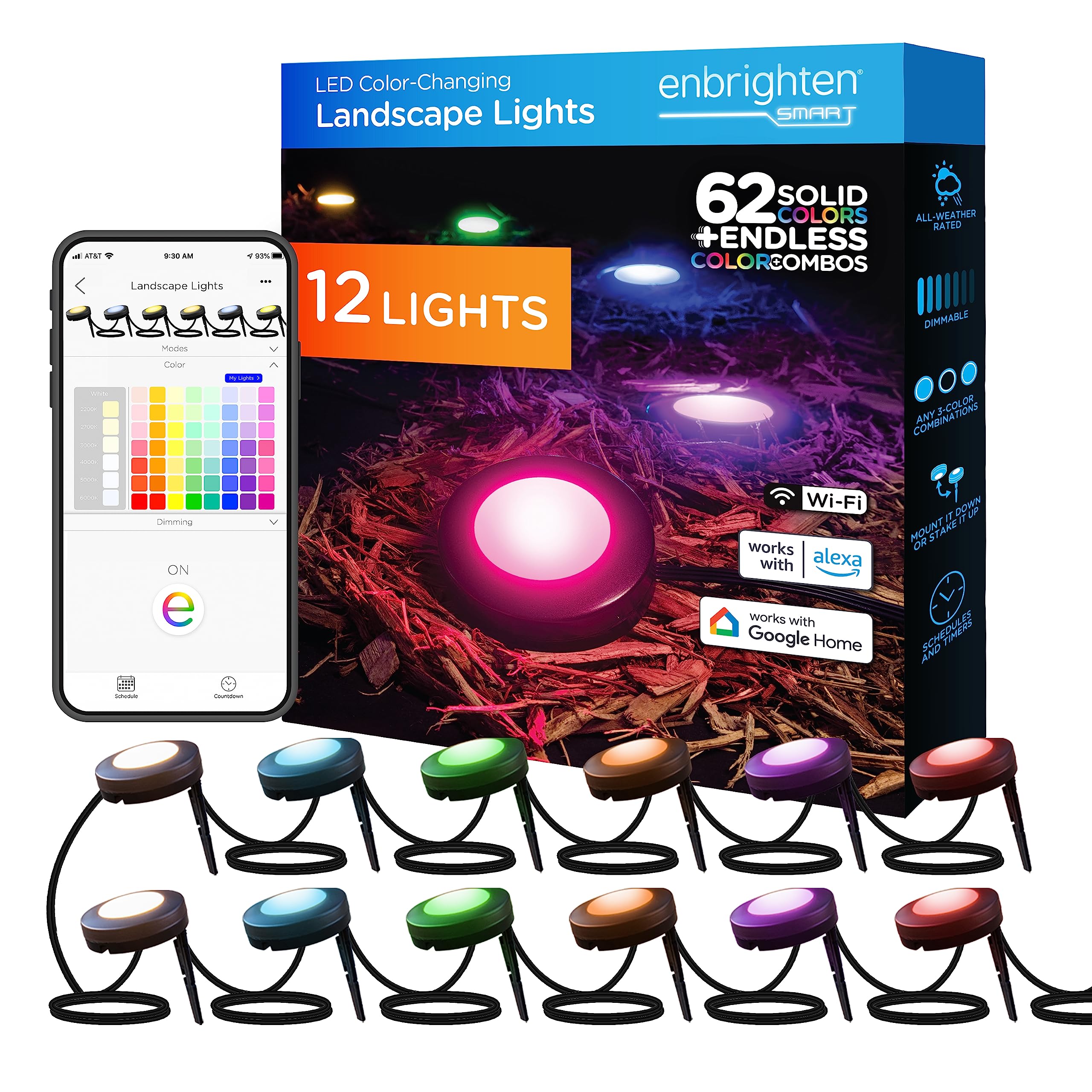 Photo 1 of ENBRIGHTEN LED Wi-Fi Smart Landscapes, 12 Pucks, Compatible with Alexa and Google Play, Multicolor/White Lights, Outdoor Puck Lighting, Weather Resistant, 58105