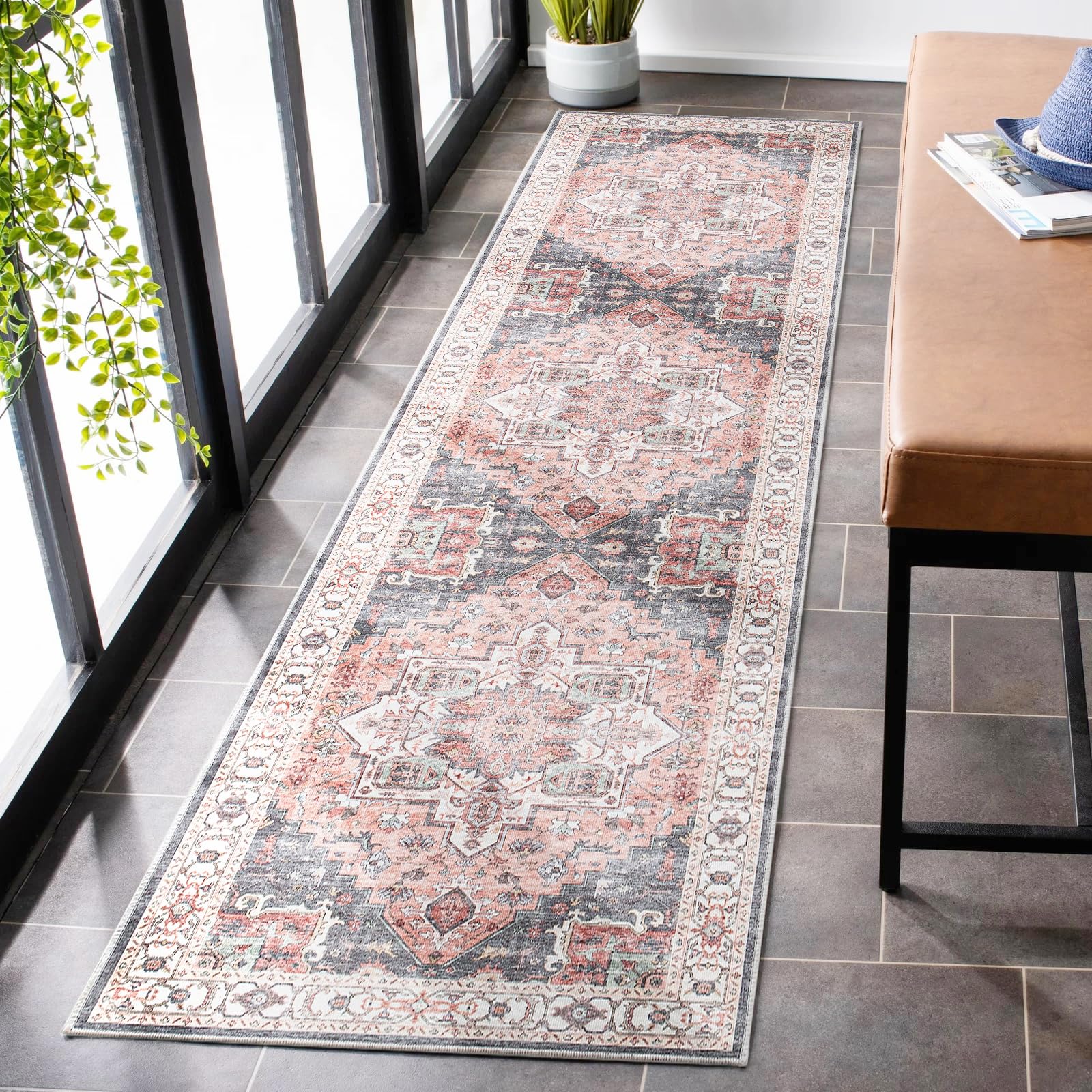 Carvapet Washable Hallway Runner Rug 60x240cm Long Thin Rug Runner Pink Area Rug Vintage Medallion Floor Carpet Rugs for Living Room Corridor Kitchen