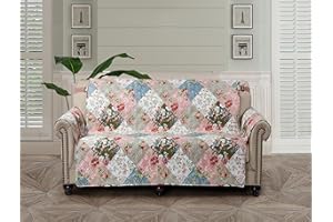 Brilliant Sunshine Peach and Olive Flowers Patchwork Couch Cover, Quilted Oversized Loveseat Slipcover, 54" Seat Width, Slip Resistant Furniture Protector, 2" Strap, Washable, for Dogs, Peach Olive