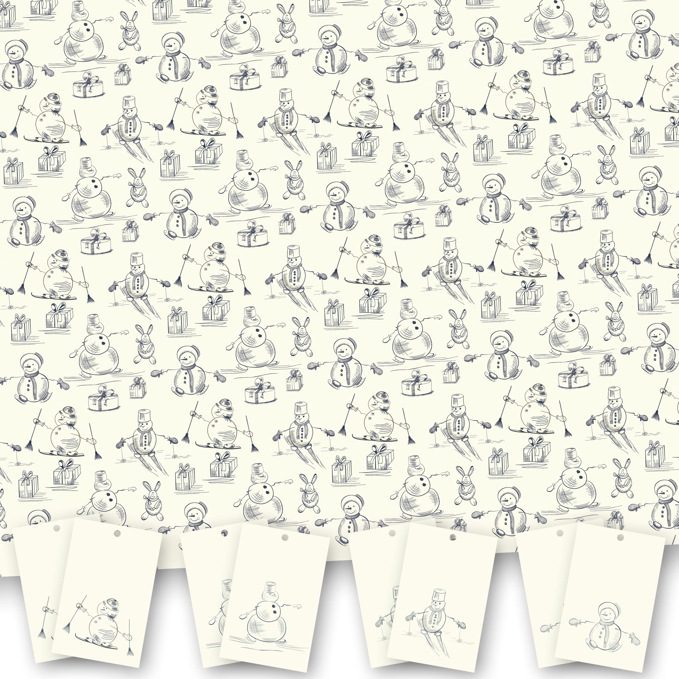 Christmas Wrapping Paper. 8 XL Sheets (50 x 70cm). Pencil drawn Snowmen Design. Gift Wrap pack with matching Tags. Cutting grid on reverse. Printed in UK. By Absolutely Yours.