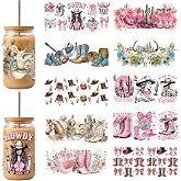 10 Pcs Pink Cowgirl UV DTF Cup Wrap Stickers 9.4 x 4.3 Inch, Western Boots Hat Floral Decals for 16oz Glass Can Cups, Coquette Rodeo Rub On Transfers