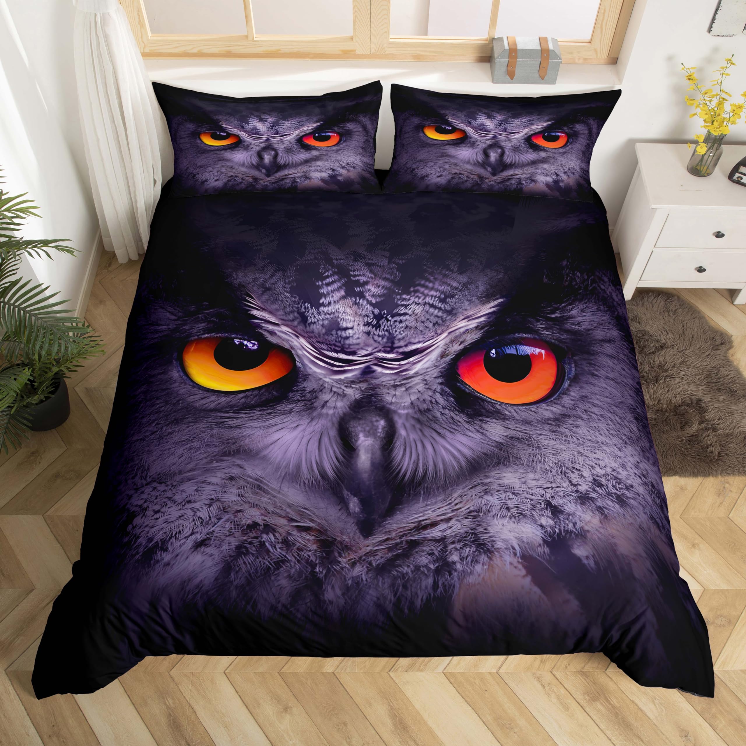 Loussiesd 3D Owl Print Duvet Cover Set Single Size Active Animal Style Children Kids Bedding Sets with Hidden Zipper Closure,Soft Comforter Microfiber Black and Purple Owl Quilt Cover 3PCs(135x200cm) — image 1