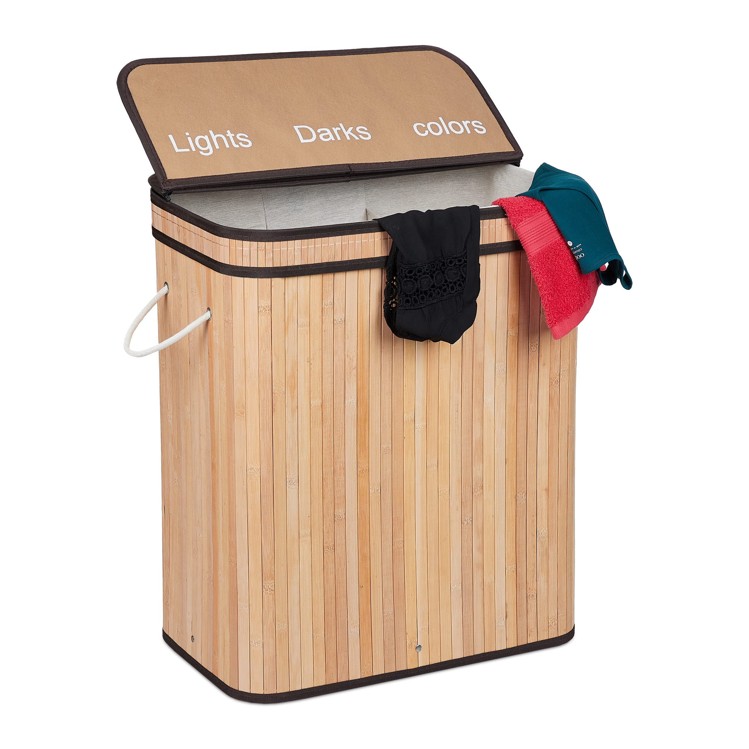 Relaxdays Bamboo Laundry, Clothes Container, 3 Compartments, Folding, Rectangular Basket, 63 x 55 x 35cm, Natural