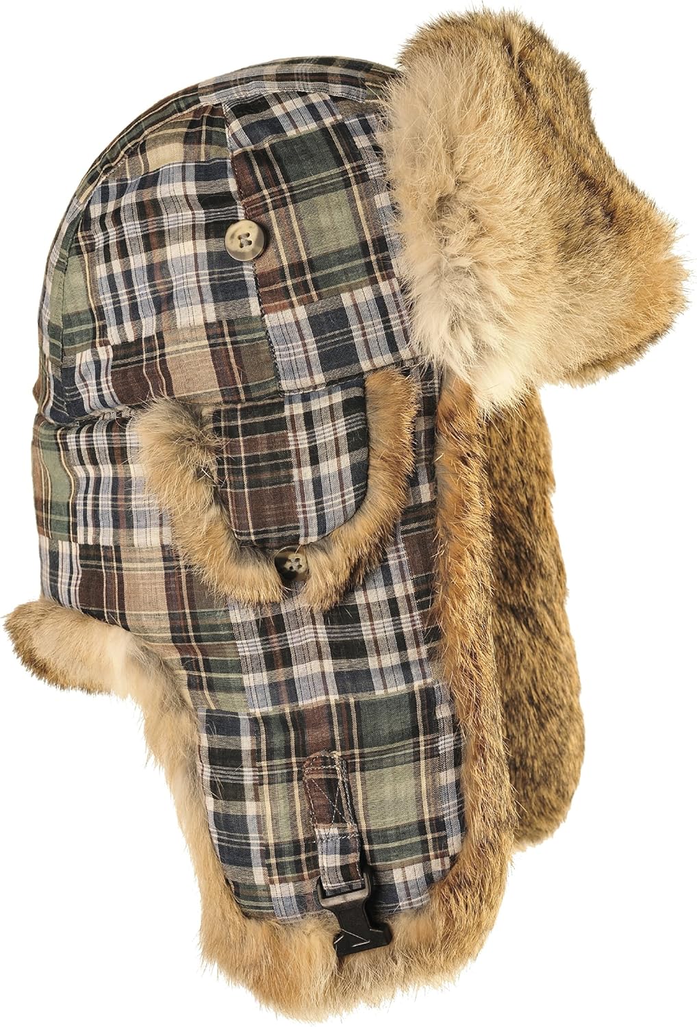 Mad Bomber Patchwork Blue Brown Flannel Pilot Hat Real