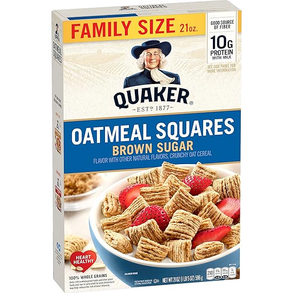 QUAKER OATMEAL SQUARES BREAKFAST CEREAL, BROWN SUGAR, 21OZ FAMILY SIZE BOX