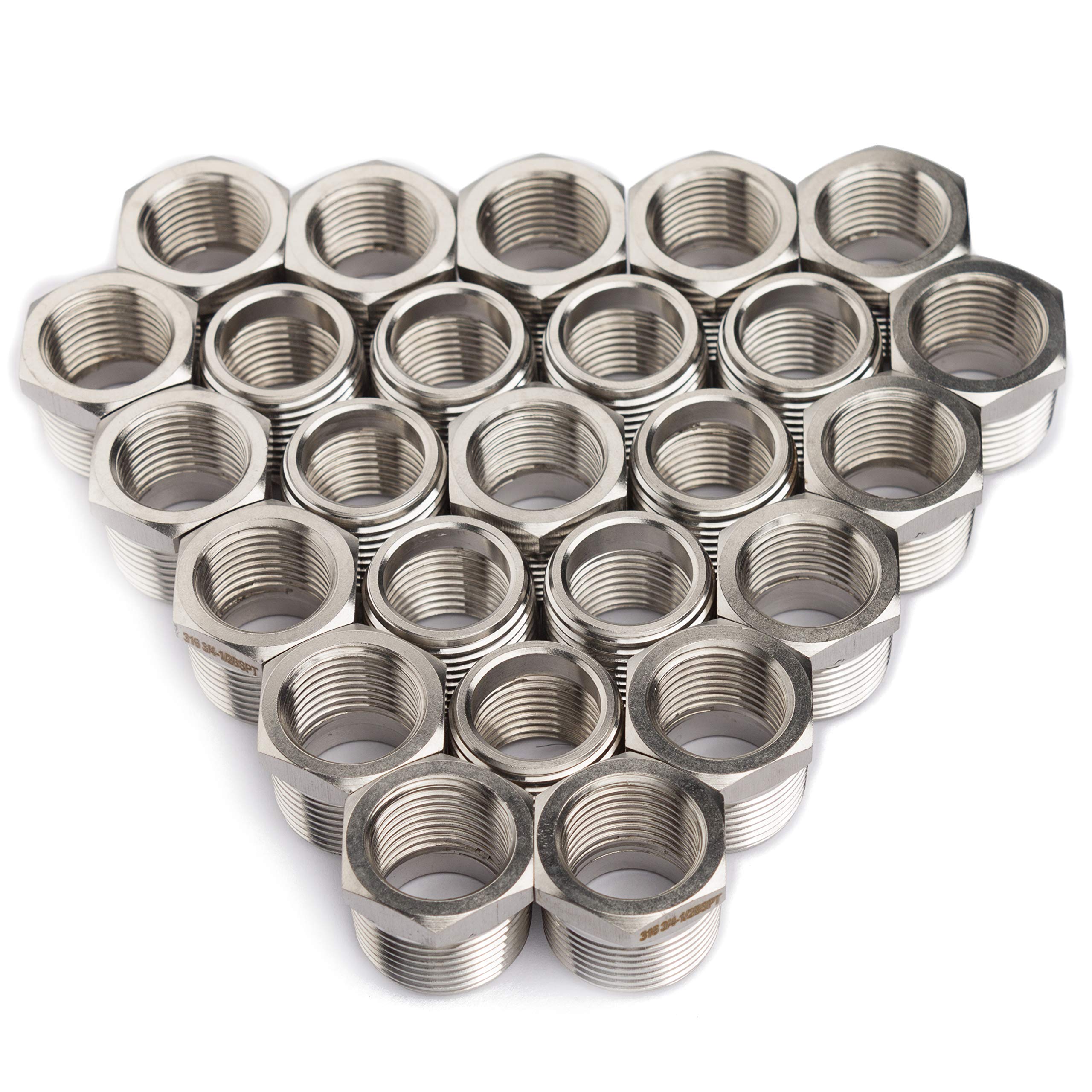 LTWFITTING Stainless Steel 316 Pipe Hex Bushing Reducer Fittings 3/4" Male BSPT x 1/2"（13mm Female BSPP (Pack of 25)