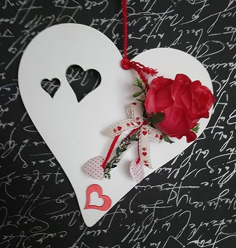 Großes Holzherz weiß mit Wachsrose rot Valentinsgeschenk z. hängen Landhauschic