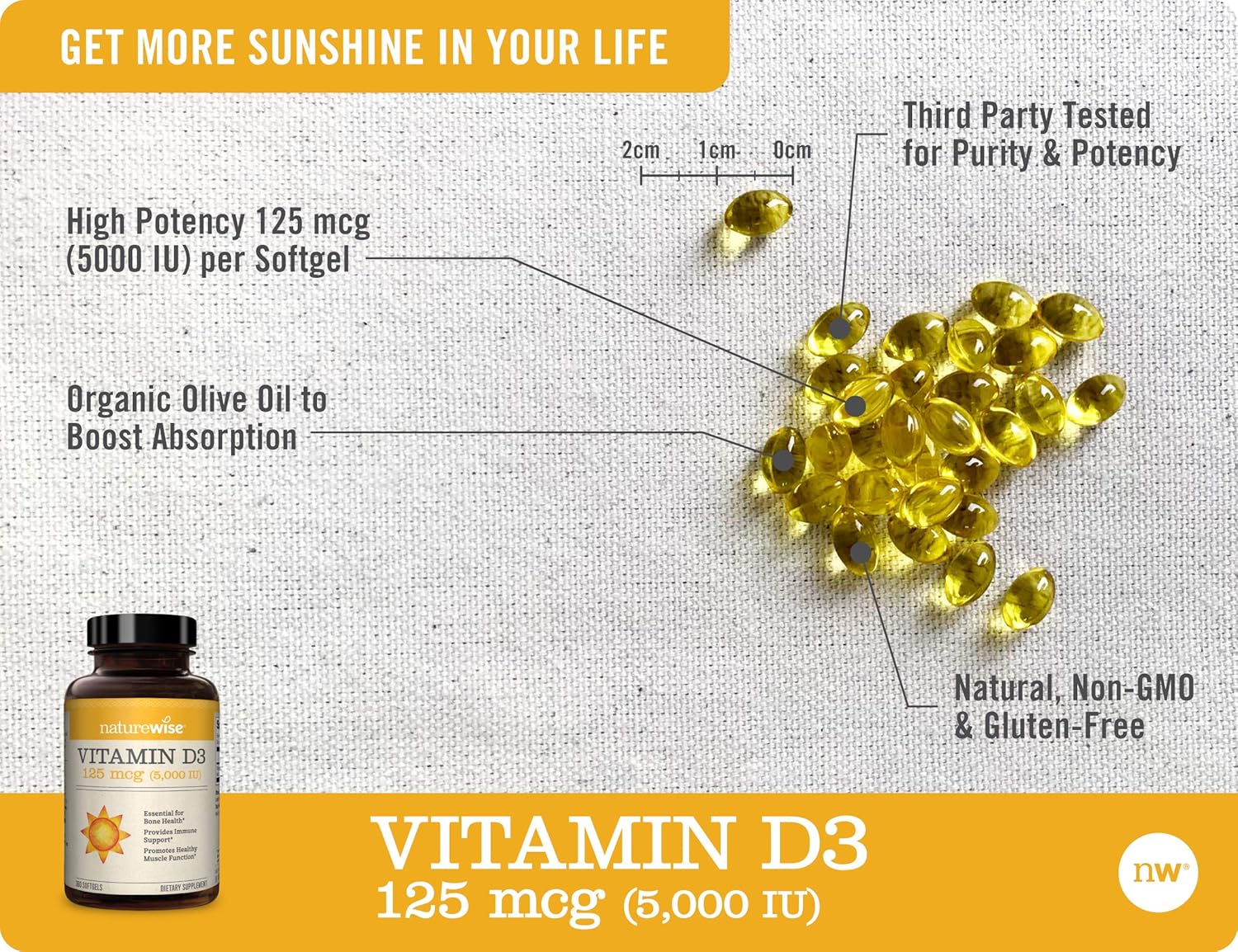NatureWise Vitamin D3 5,000 IU (1 Year Supply) for Healthy Muscle Function, Bone Health, and Immune Support Non-GMO in Cold-Pressed Organic Olive Oil Gluten-Free (Packaging May Vary) [360 Count]: Health & Personal Care