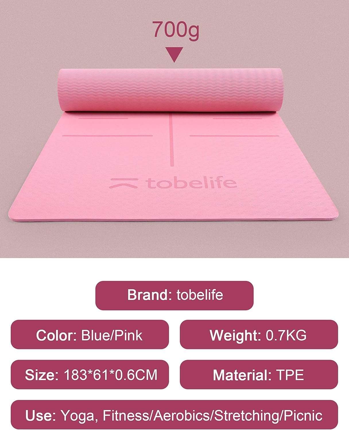 tobelife 1/4-Inch Thick Yoga Mat - Eco Friendly TPE with Carrying Strap, Non Slip Yoga Mat, 72x24 Inches for Pilates Fitness Floor Exercise Workouts Mat : Sports & Outdoors