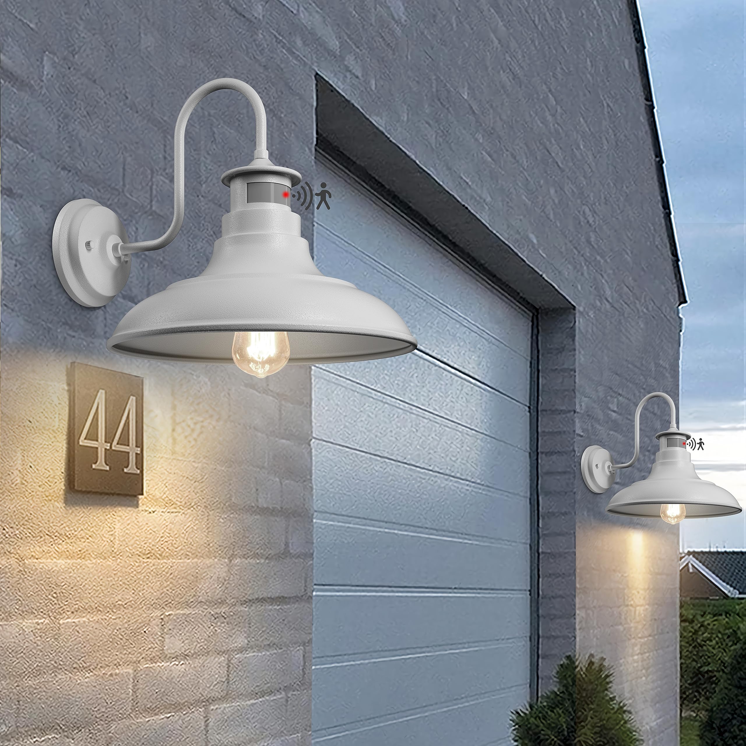 Photo 1 of 2 Pack Farmhouse Gooseneck Wall Sconce Barn Lights,Motion Sensor and Dusk to Dawn Outdoor Wall Mount Lighting Fixtures,3 Modes Exterior Porch Light IP65 Waterproof E26 Matte White Wall Lamp for Patio