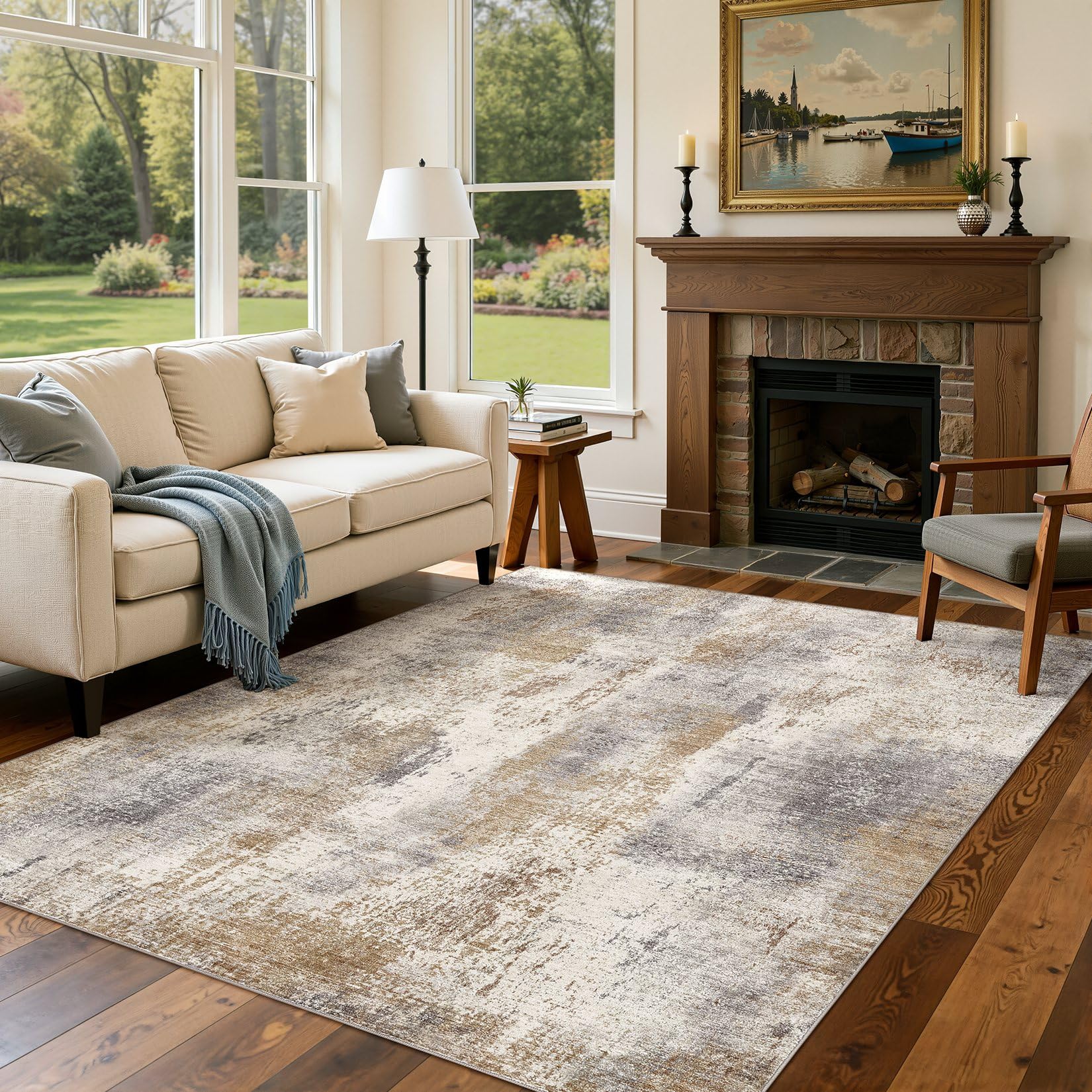 DMOYEST Area Rug Living Room Rugs - 5x8 Washable Large Soft Indoor Neutral Modern Abstract Low Pile Rug Carpet for Bedroom Dining Room Farmhouse Home Office - Brown Grey Image