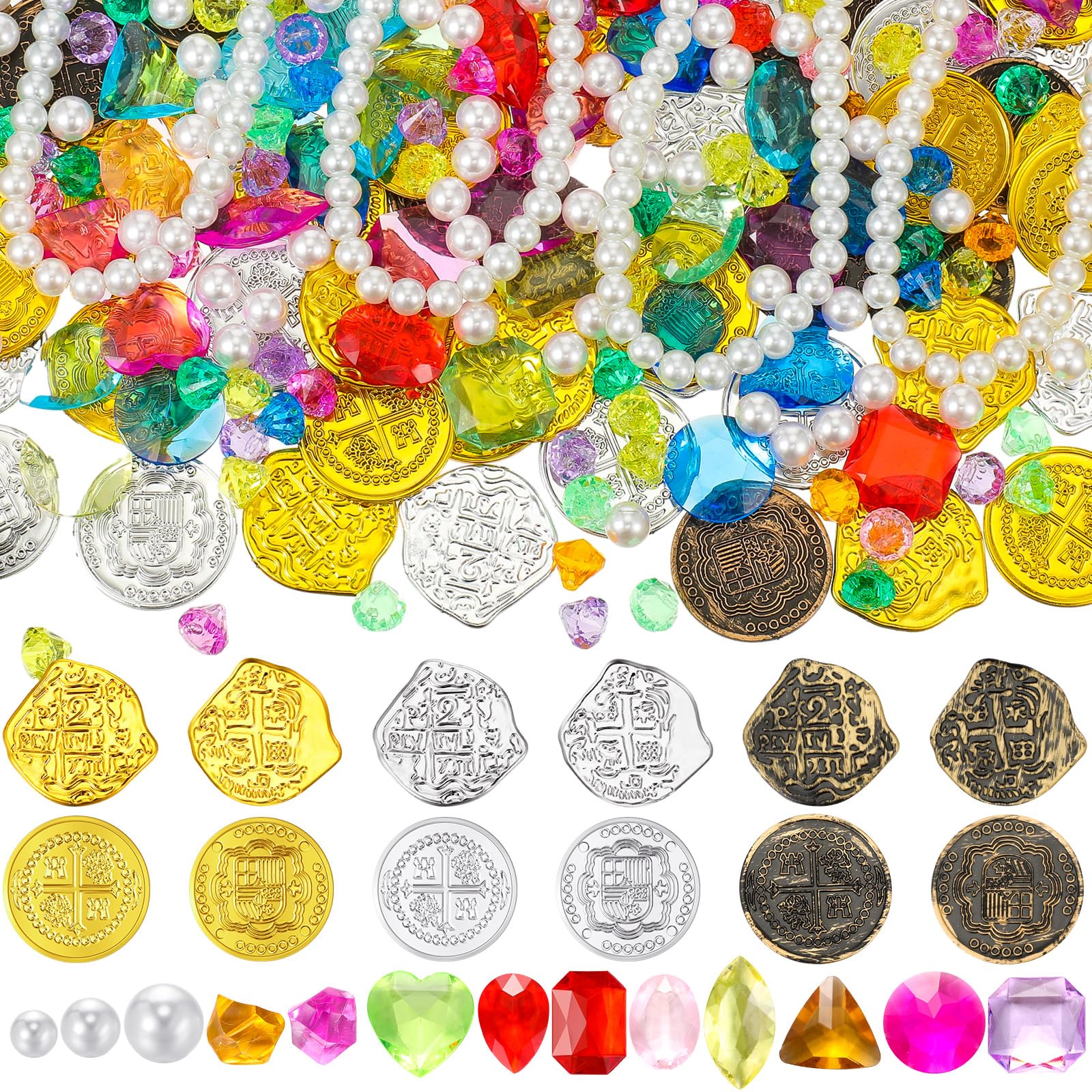 Photo 1 of Hanaive 319 Pcs Pirate Treasure Gold Fake Coins Plastic Gems and Jewels Playset Party Decor Treasure for Pirates Themed Adventures Summer Pool Party Coins(Irregular and Round)