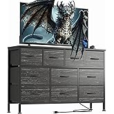 YaFiti Dresser TV Stand with Power Outlet, 43" Long Dresser for Bedroom with 10 Fabric Drawers, Chest of Drawers for Living Room, Hallway (Black Wood Veins)