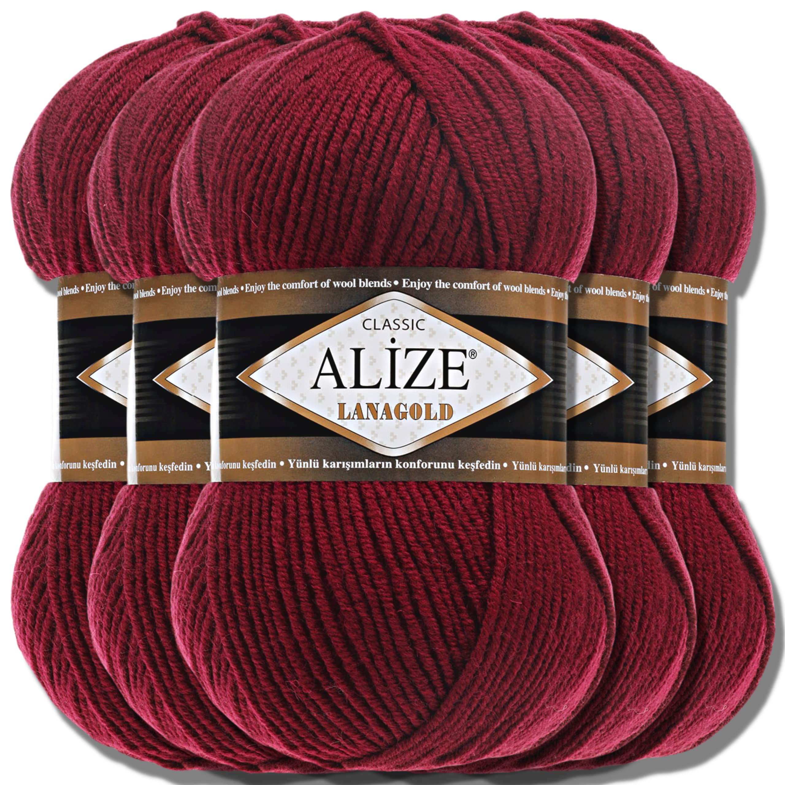 Alize Lanagold Classic Turkish Premium Wool, Cotton and Acrylic, 5 x 100 g, Plain Hand Knitting Yarn, Knitting Yarn, Plain Baby for Crocheting, Knitting, Clothing, Scarves (Bordeaux 57)