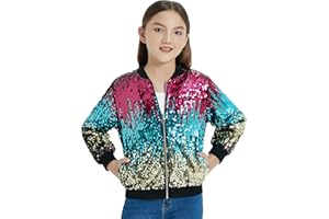 EXARUS Girls Sequin Bomber Jacket with Pockets Sparkle Lightweight Zipper Long Sleeve Jackets for Kid 6-12Y