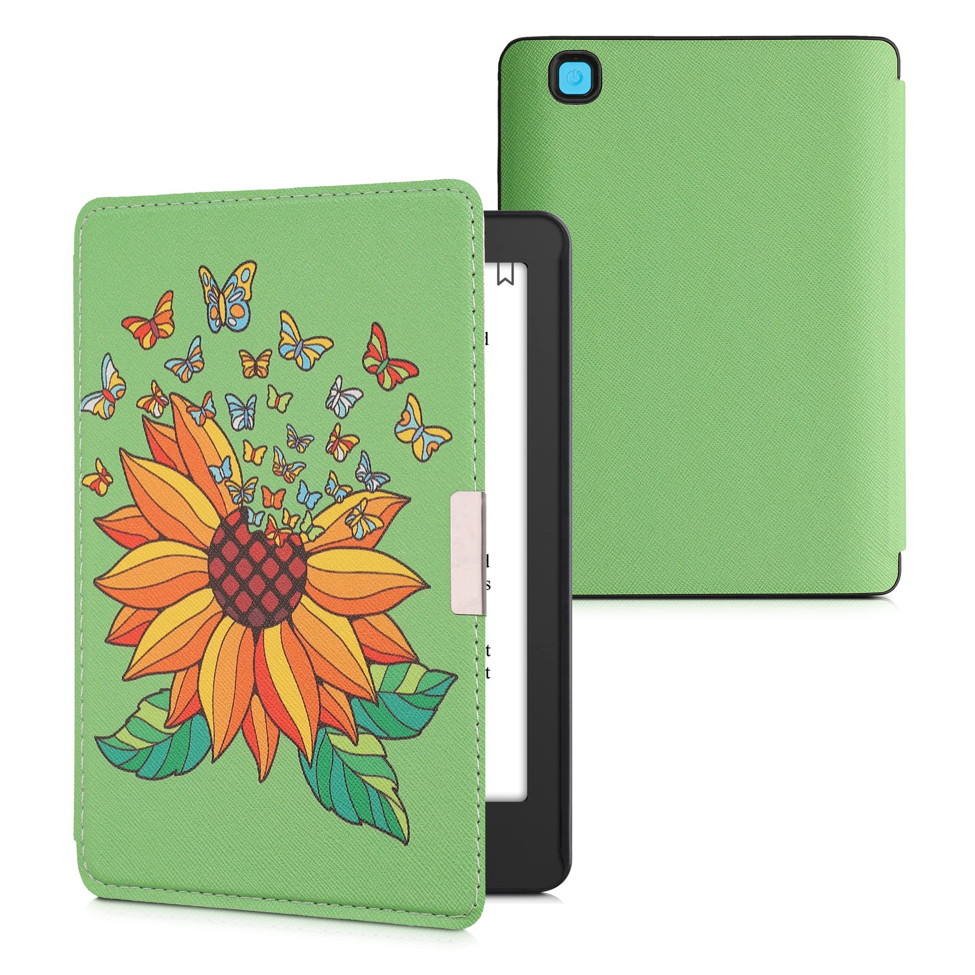kwmobile Case Compatible with Kobo Aura Edition 2 Case - eReader Cover - Sunflower Butterflies Yellow/Green