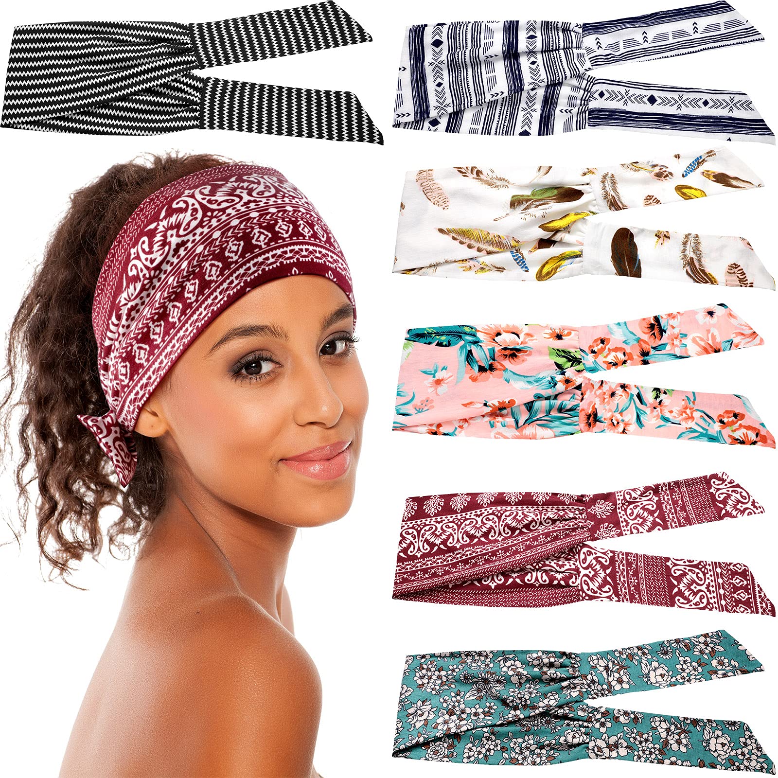 Photo 1 of WILLBOND 6 Pieces Wide Headbands for Women, Adjustable Bandana Headband Tie, Knotted African Hairband, Yoga Elastic Non Slip Floral Hairbands for Running Hiking Cycling Workout(Stylish Patterns)