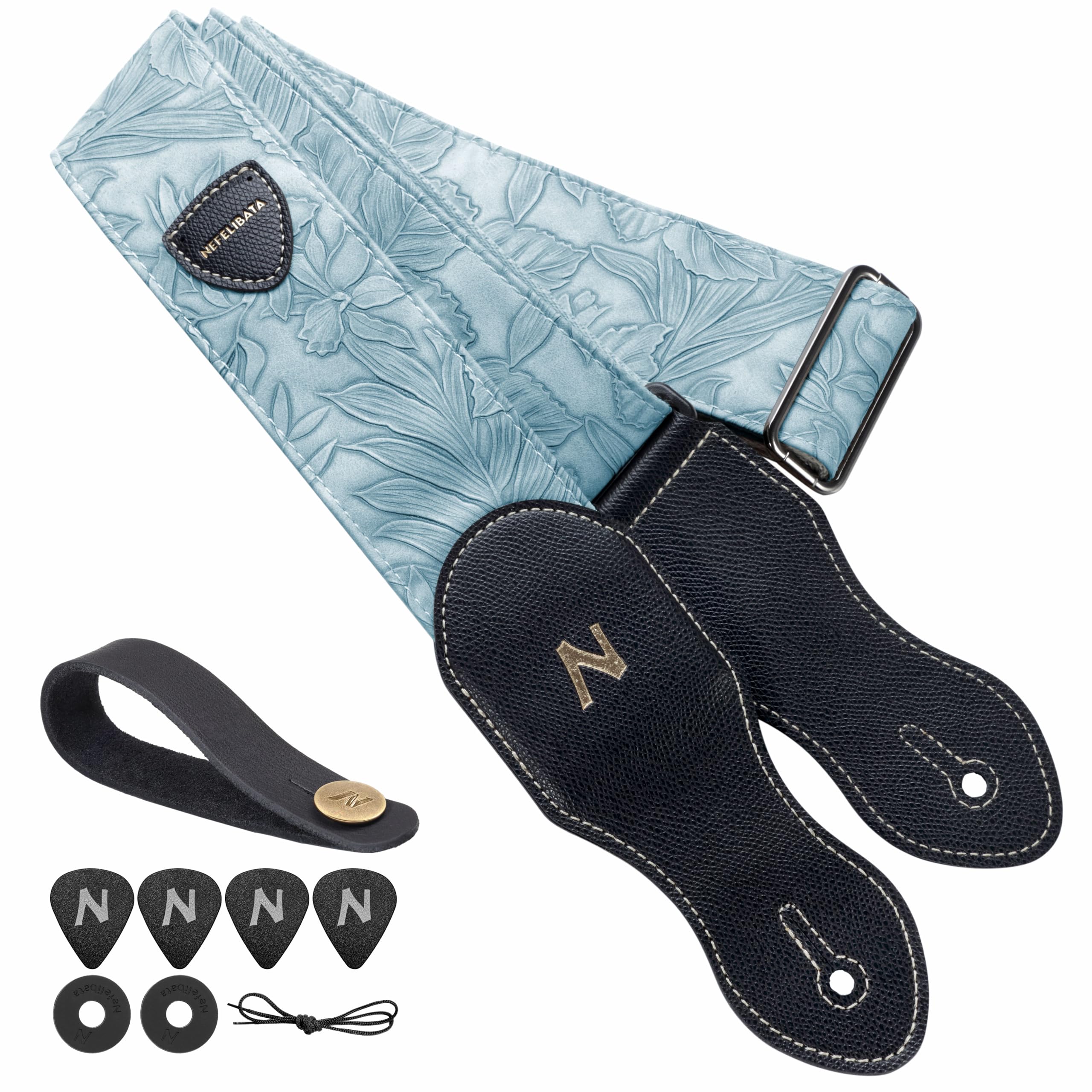 Nefelibata Guitar Strap with Pick Pocket,2.3 inch Porter Style Vegan Leather Guitar Straps, 60s Western Vintage,Guitar Pick,Strap Button and Strap Lock (Blue)