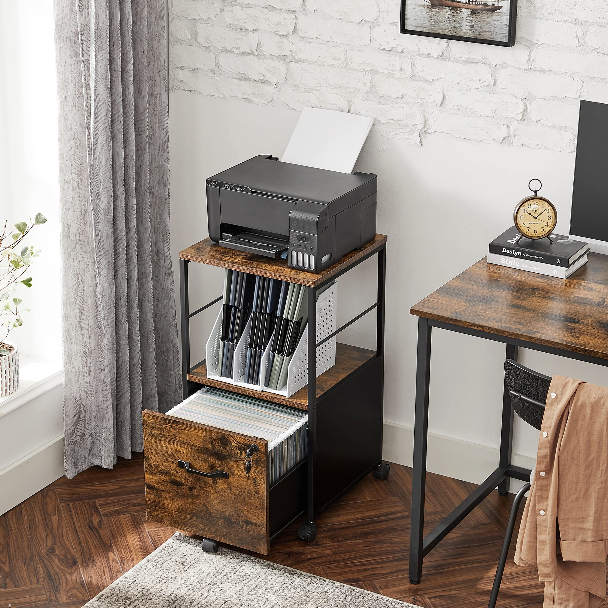VASAGLE 1 Drawer File Cabinet with Lock, Printer Stand, Office Filing Cabinet Organizer, for A4 and Letter Size Documents, Rustic Brown and Black UOFC044B01