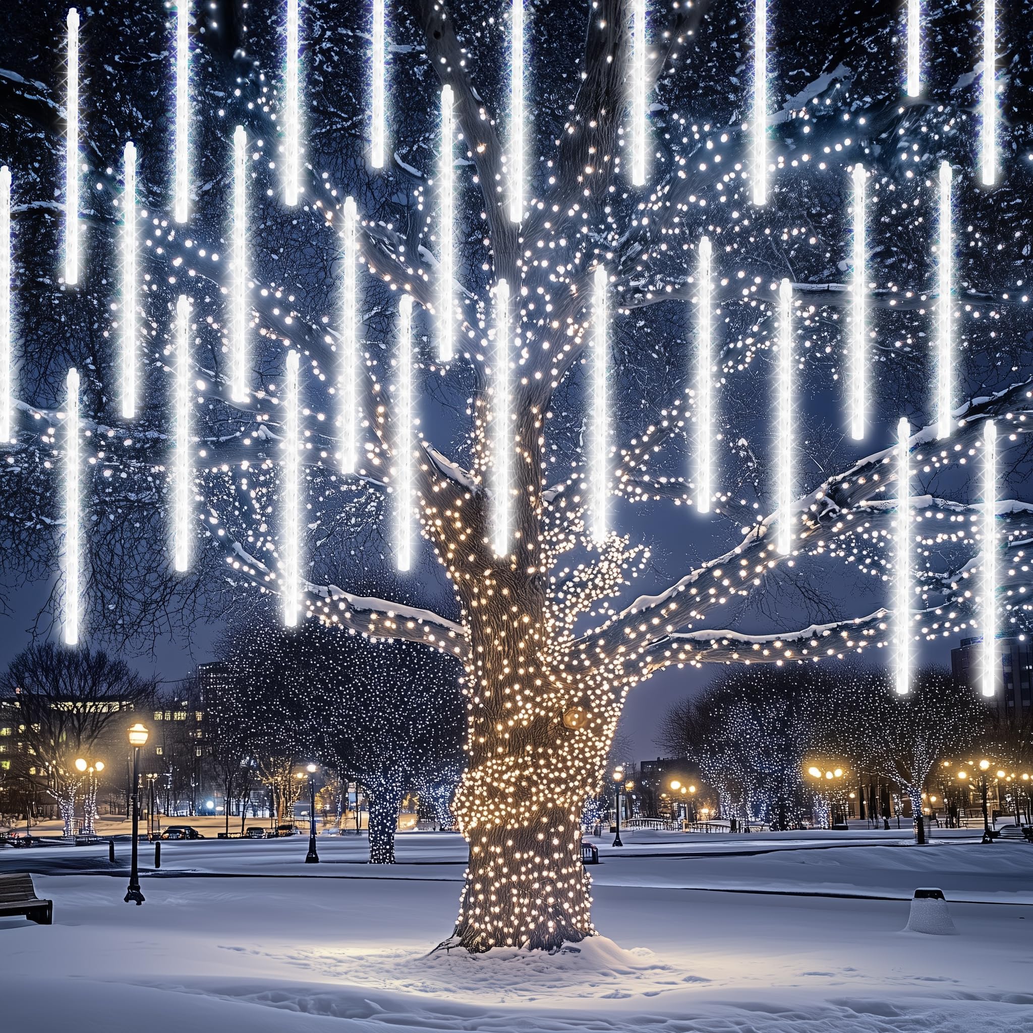 FUNPENY Meteor Shower Rain Lights, 864 LED Christmas Lights Icicle Snow Falling Christmas Light Outdoor Raindrop Lights, Xmas Tree Holiday Thanksgiving Decoration, White Image