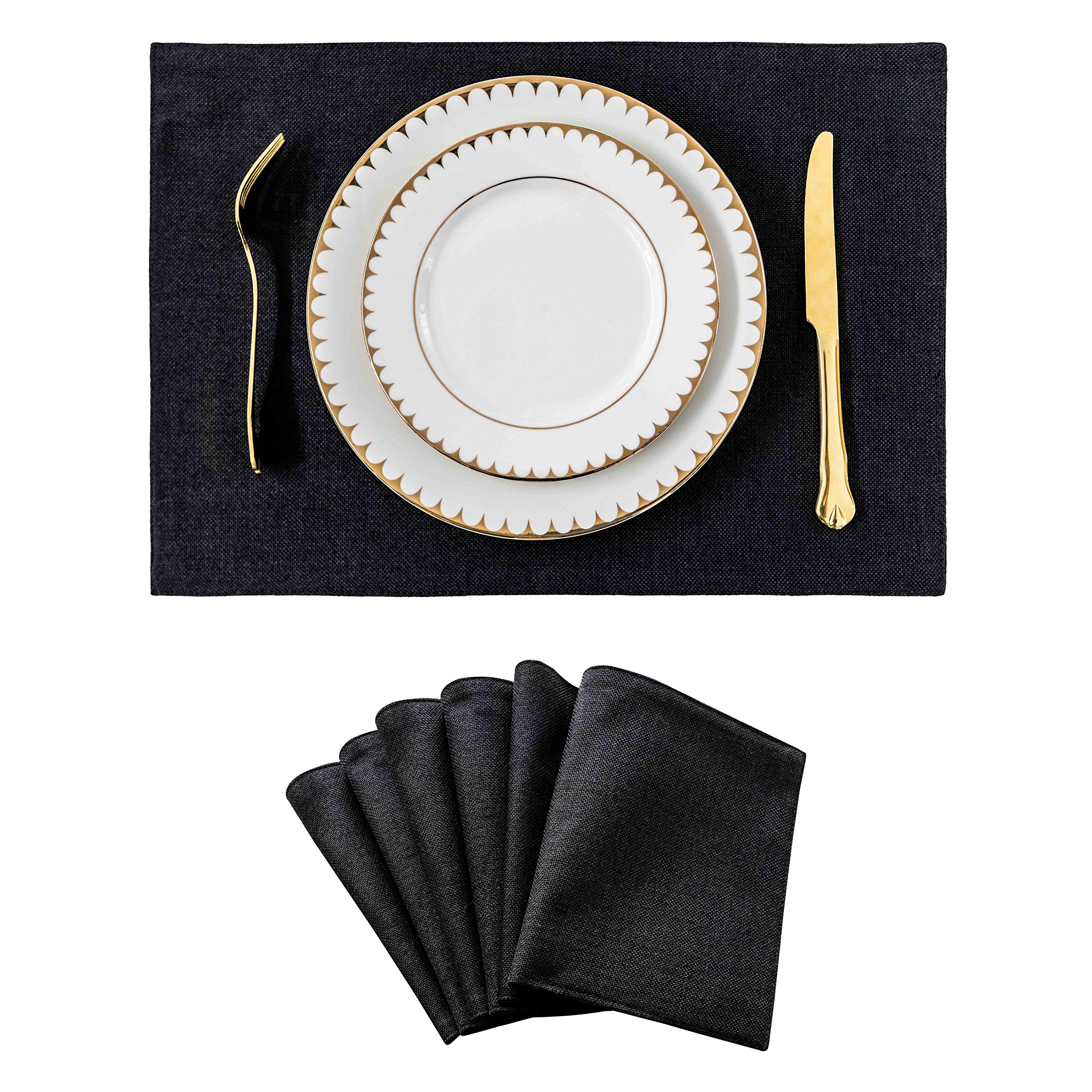 Home Brilliant Linen Black Placemats x 6, Thick Durable Tablemats for Dining Table, Heat Resistant Place Mat, 33 x 48 cm(13x19 Inch), Black