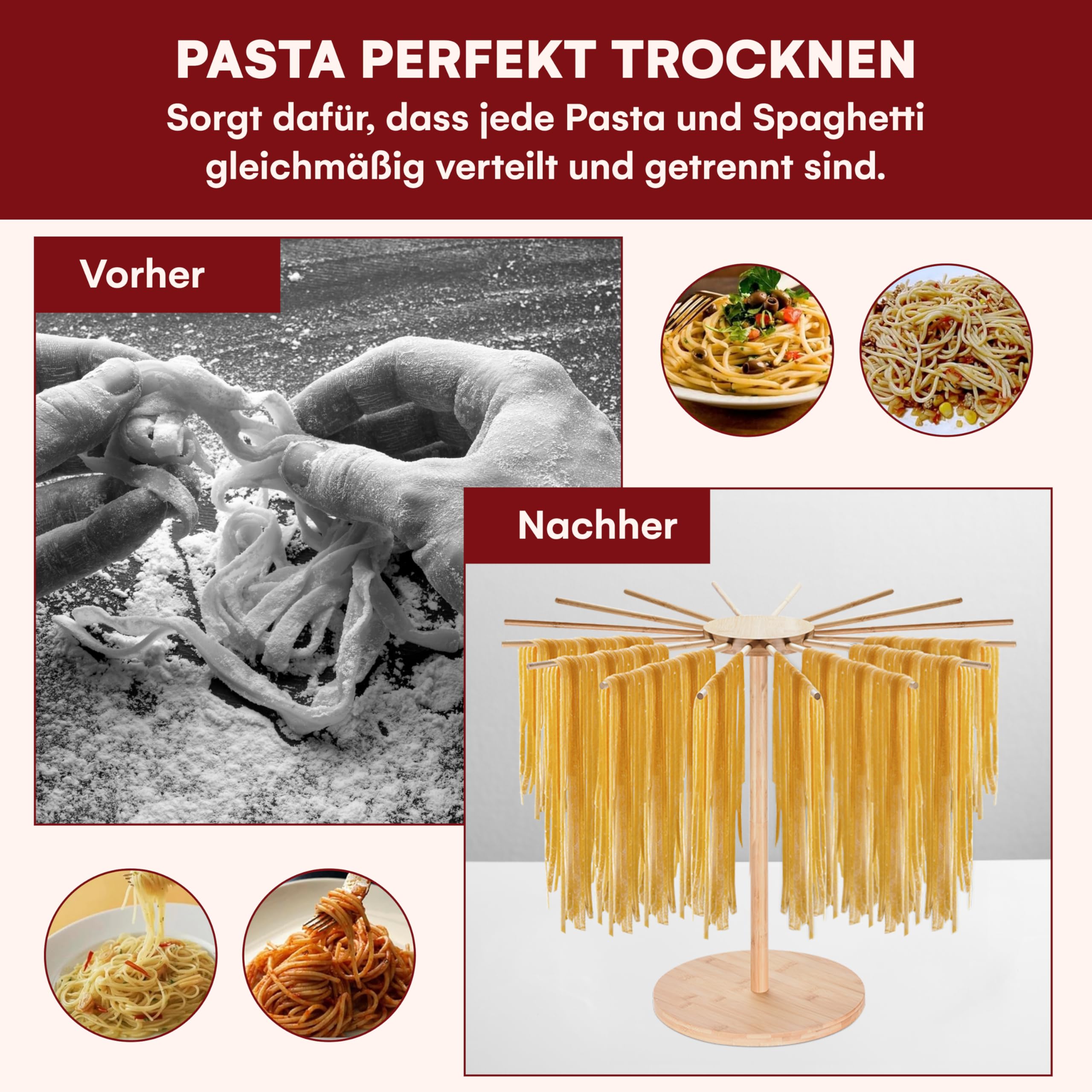 KITCHTIC Pasta Trockner – Große Größe, 16 Stangen – Faltbarer Nudelständer aus Holz – Verstellbare Arme – Ideal für Spaghetti, Tagliatelle, Fettuccine – Naturfarbe 6