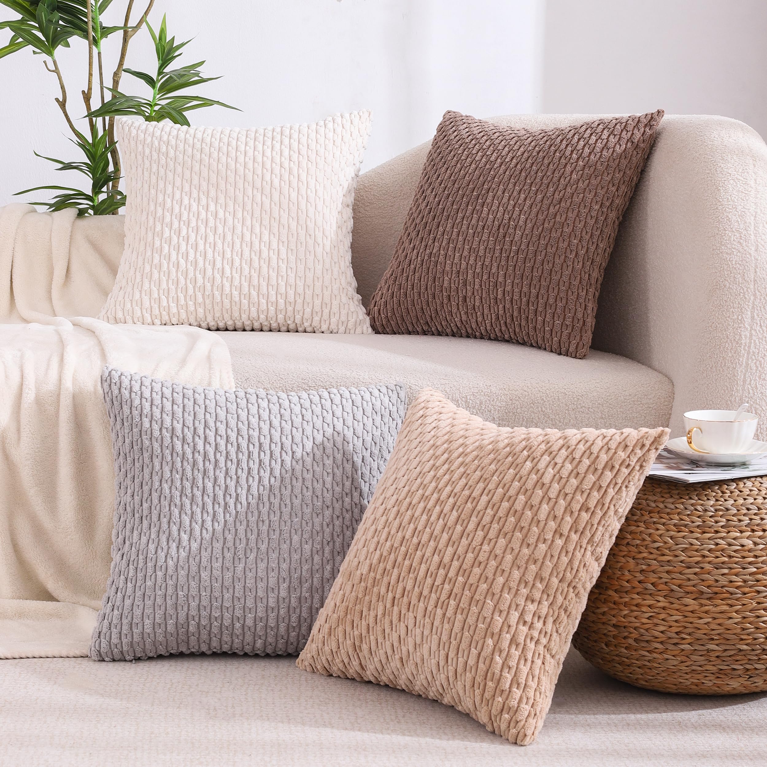 VAKADO Autumn Cushion Covers 45x45 Neutral Decorative Boho Corduroy Throw Pillow Covers Set of 4 Rustic Farmhouse Home Decor Case Square for Couch Bed Sofa Living Room — image 1