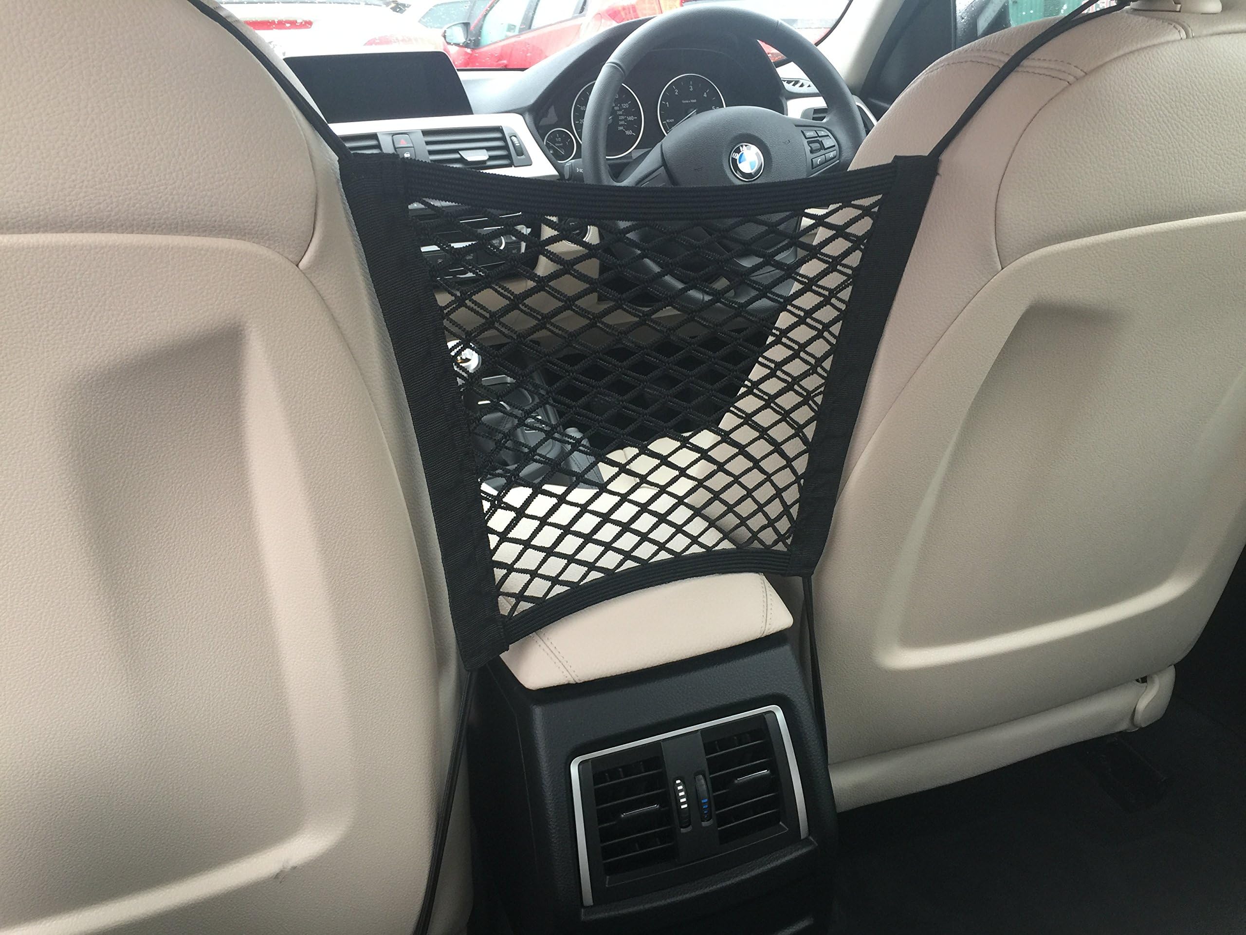 SeatMaster, Car Seat Storage Mesh Reduces Car Clutter. Bonus 4 Headrest Hooks