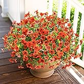 HyeFlora Artificial Fall Flowers Faux Mums for Outdoor Indoor Garden Home Decoration, Faux Flower Daisy with Eucalyptus Leaves Fake Mums Plants Greenery Boxwood Porch Patio, 12 Bundles (Orange)