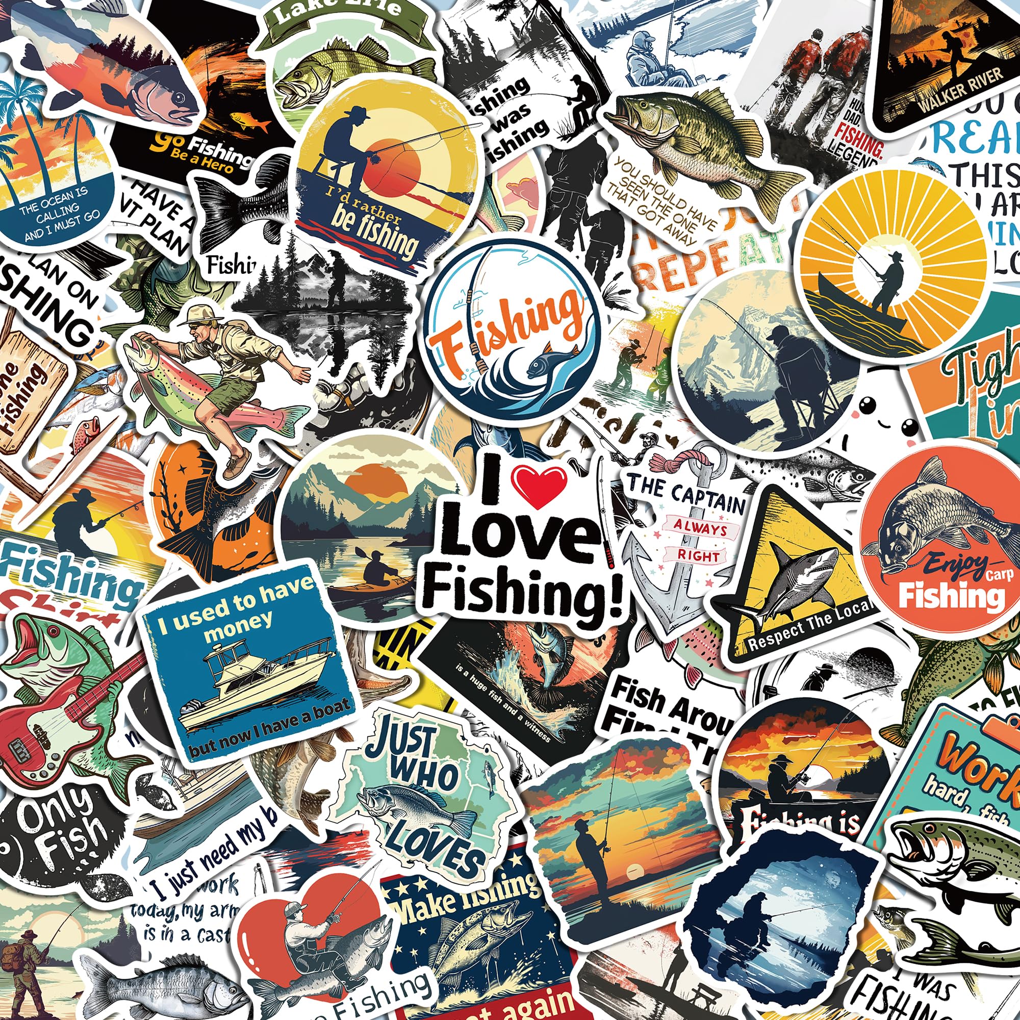 Photo 1 of 102pcs Funny Fishing Stickers, Waterproof Vinyl Fish Decals for Laptop Car Skateboard Water Bottle Scrapbook Travel Case, Go Fishing Stickers Gift for Children Adolescents