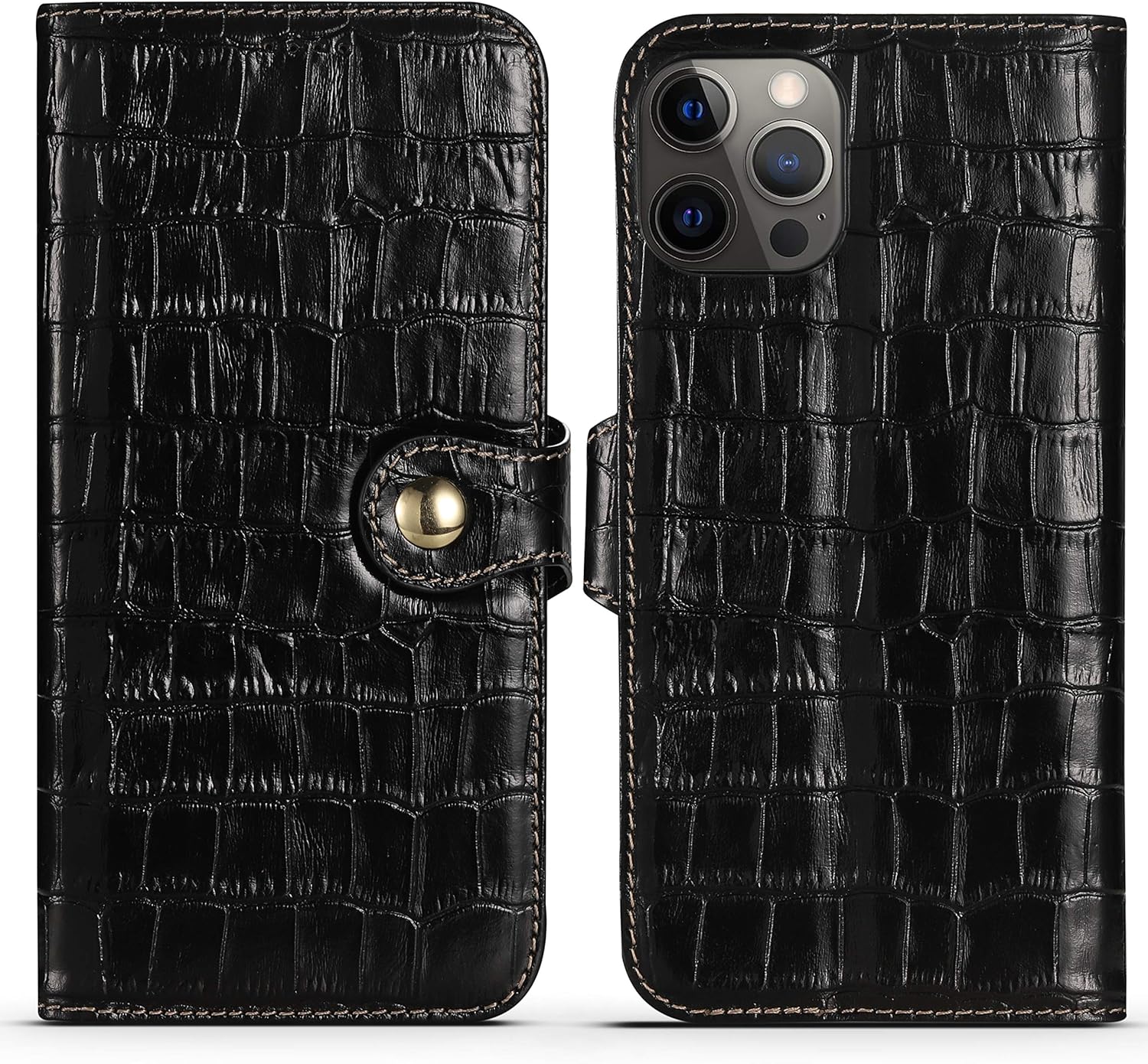 nincyee Genuine Leather Wallet Case for iPhone 12 Pro Max,Classic Crocodile Pattern Real Leather Flip Stand Case Cover with Card Slot Black