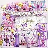 Butterfly First Birthday Decorations for Girl Pink Purple Butterfly 1st Birthday Party Decoration Supplies Include Balloon Arch Balloon Boxes Butterfly Backdrop Tablecloth Birthday Hat