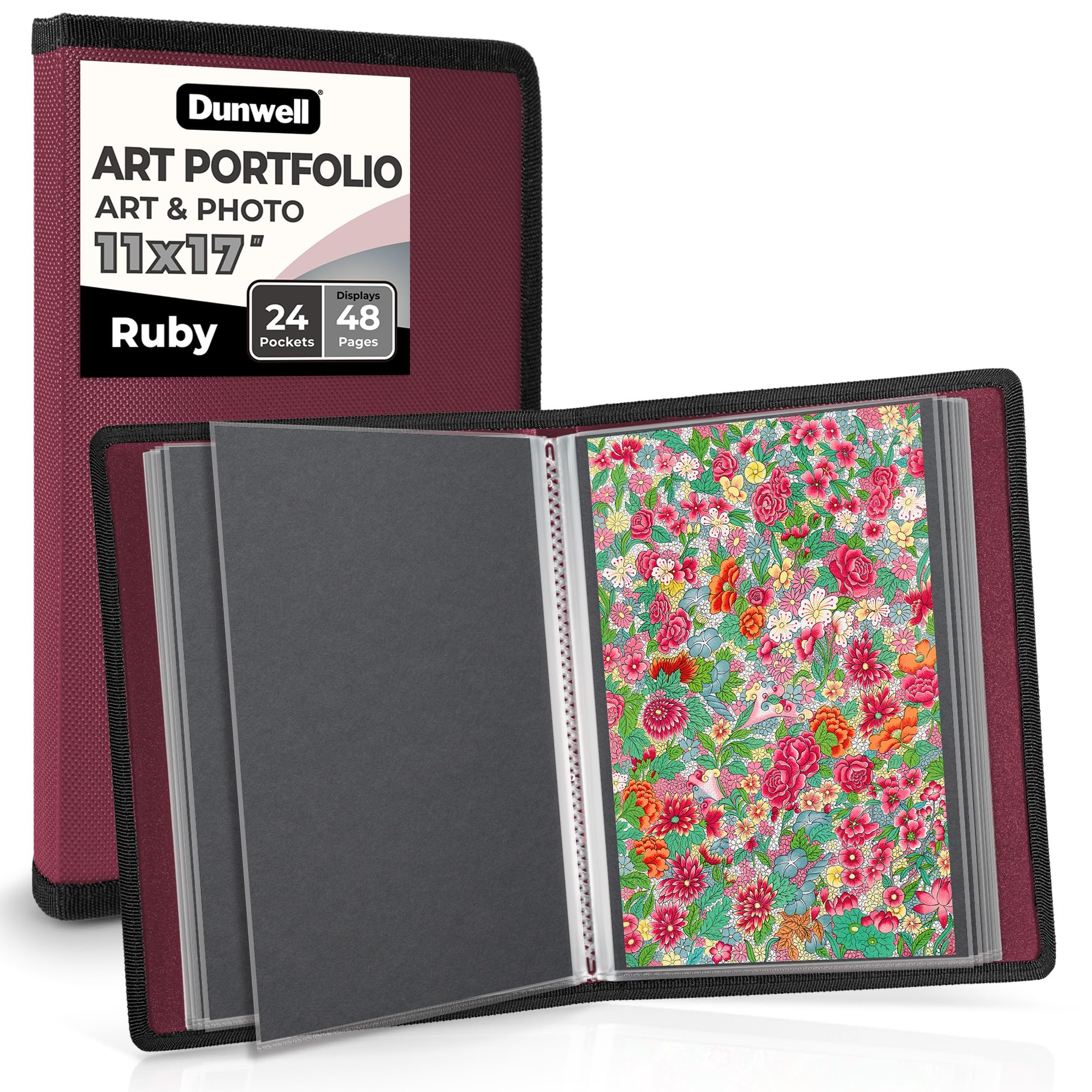 Photo 1 of Dunwell 11x17 Art Portfolio Binder with Black Mounting Paper (Ruby), Large Portfolio Folder for Artwork Storage, 24 Clear Plastic Sleeves, Displays 48 Pages, Acid-Free Poly 11 x 17 Presentation Book