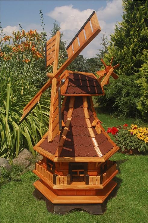 Moulin à Vent En Bois Imprégné 105cm - Décoration Jardin Avec Roulement à Billes | Déco Terrasse Rustique